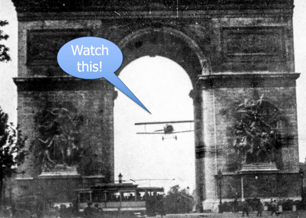 Plane flying under L'Arc de Triomphe